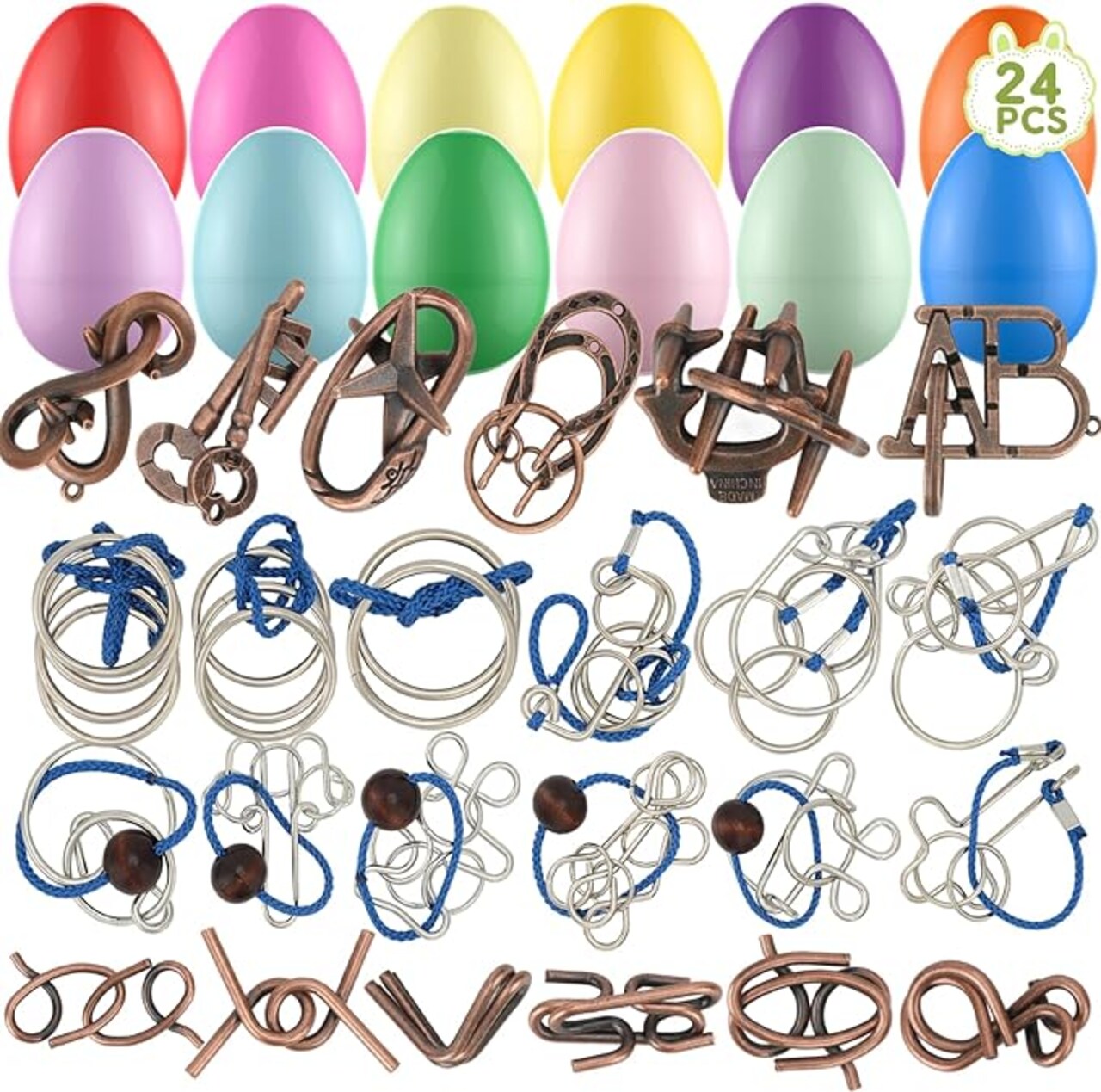 24 Pack Easter Eggs Filled with Brain Teaser Puzzles Toys, Easters Egg Fillers for Kids Boys Girls, Easters Basket Stuffers for Kids Teens Adults, Easter Eggs Hunt Game, Classroom Prize Supplies